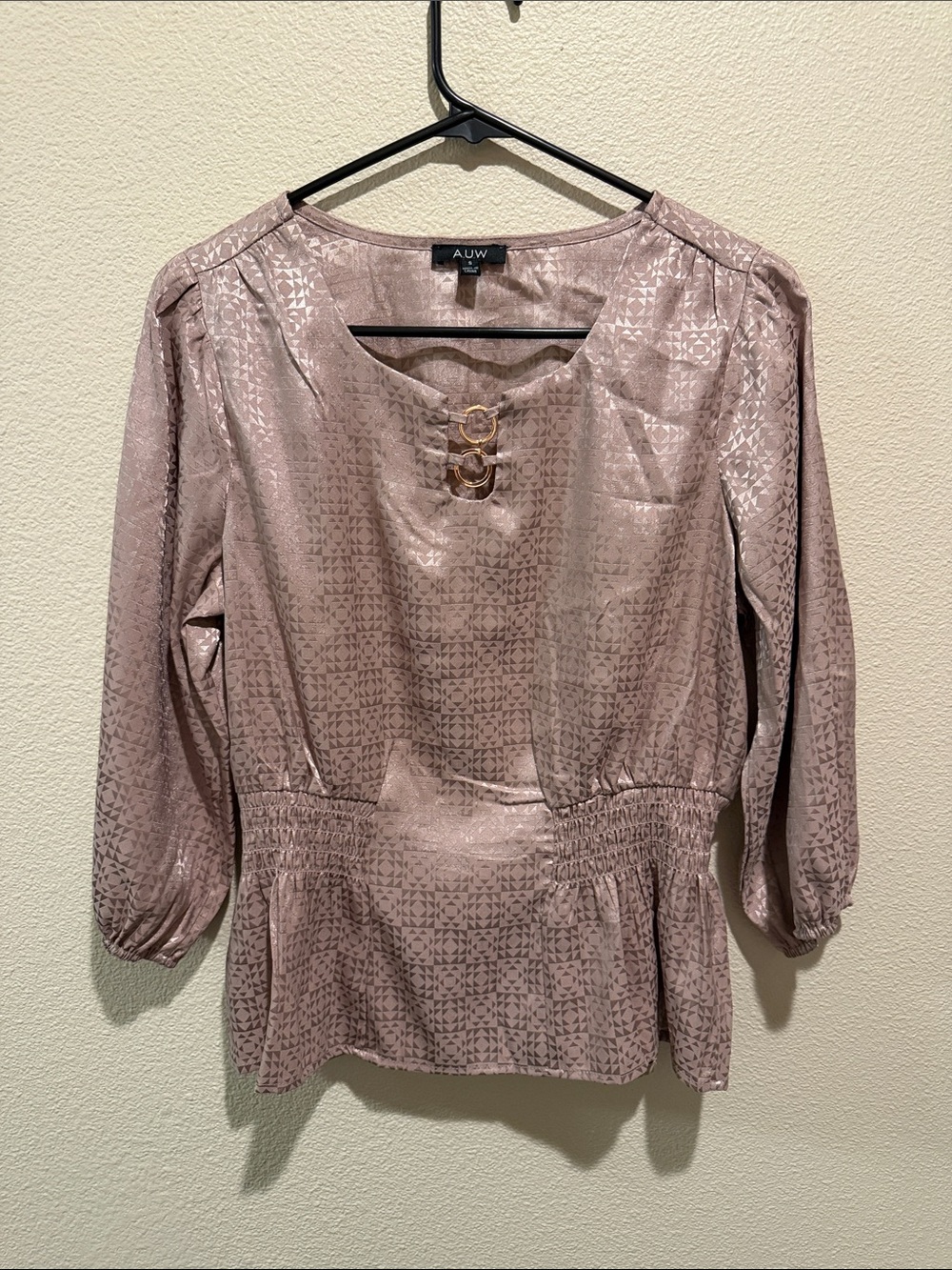 AUW Mauve Satin Peplum Blouse with Gold Ring Accent
